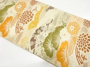 アンティーク　地紙に鶴・菊・笠松模様織り出し丸帯（材料）